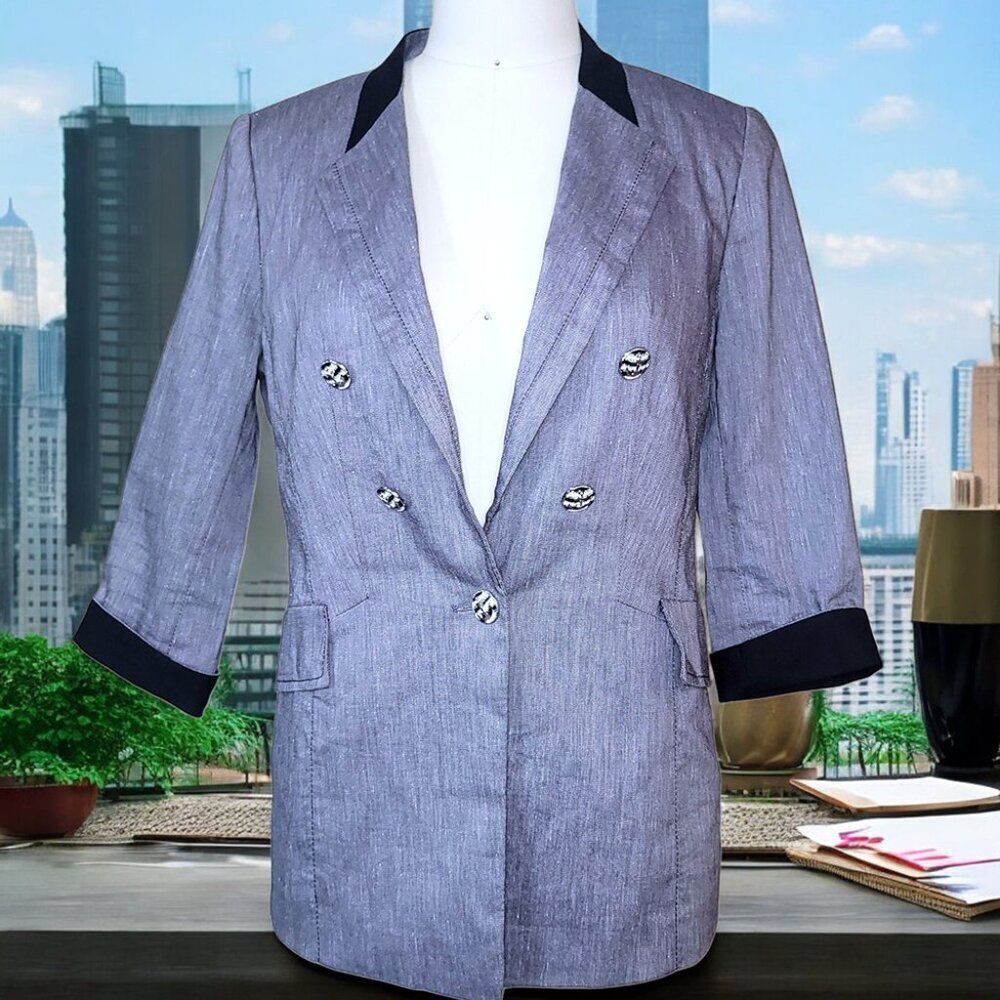 Heathered linen-look Double-Breasted 3/4 Sleeve Blazer – Gray with Black Trim